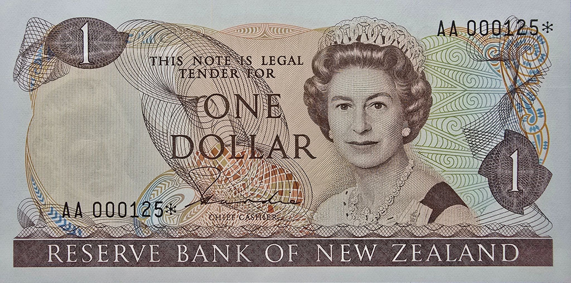 1981-1985 New Zealand One Dollar, AA 000125* - Arts & Entertainment > Hobbies & Creative Arts > Collectibles > Collectible Coins & Currency > Collectible Banknotes from The Half Crown