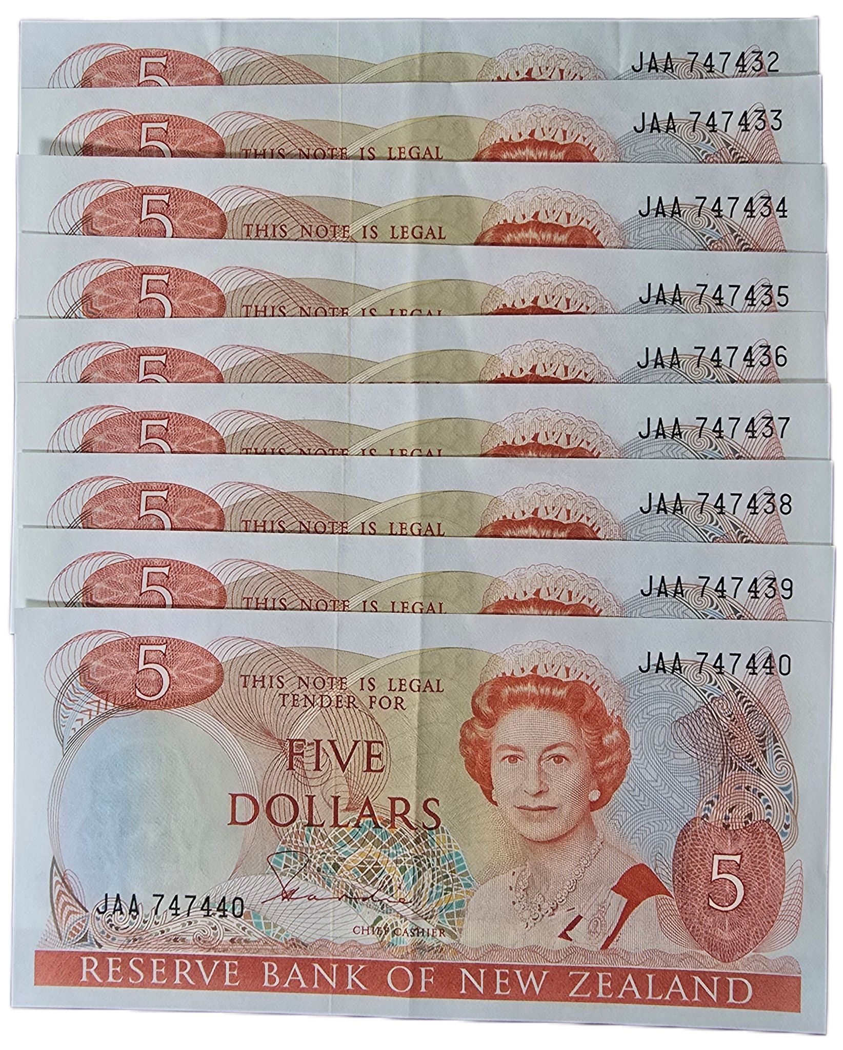 1981-1985 New Zealand Five Dollar Notes, 9 Consecutive Notes - Arts & Entertainment > Hobbies & Creative Arts > Collectibles > Collectible Coins & Currency > Collectible Banknotes from The Half Crown