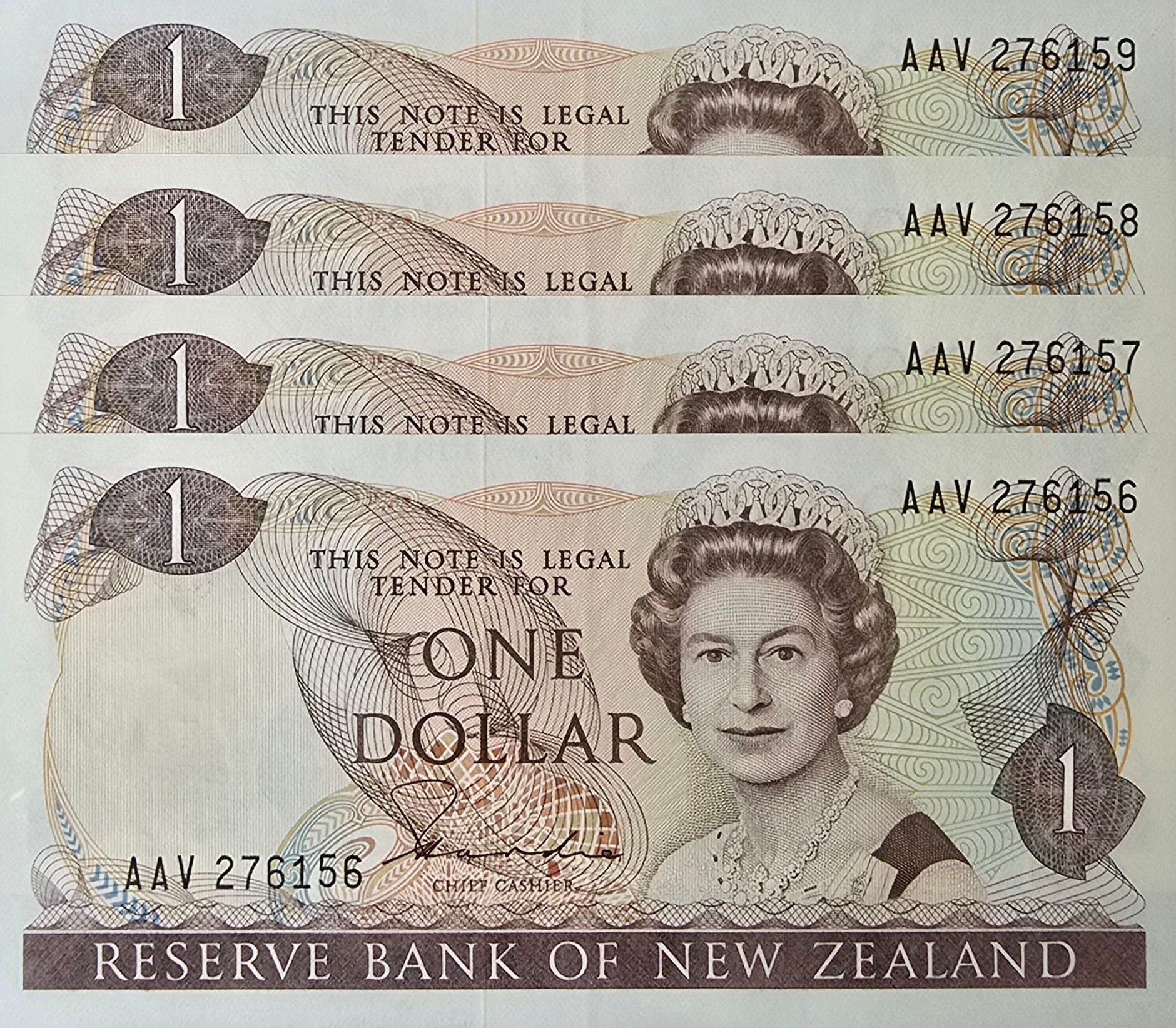 1981-1985 New Zealand One Dollar, 4 Consecutive Notes - Arts & Entertainment > Hobbies & Creative Arts > Collectibles > Collectible Coins & Currency > Collectible Banknotes from The Half Crown