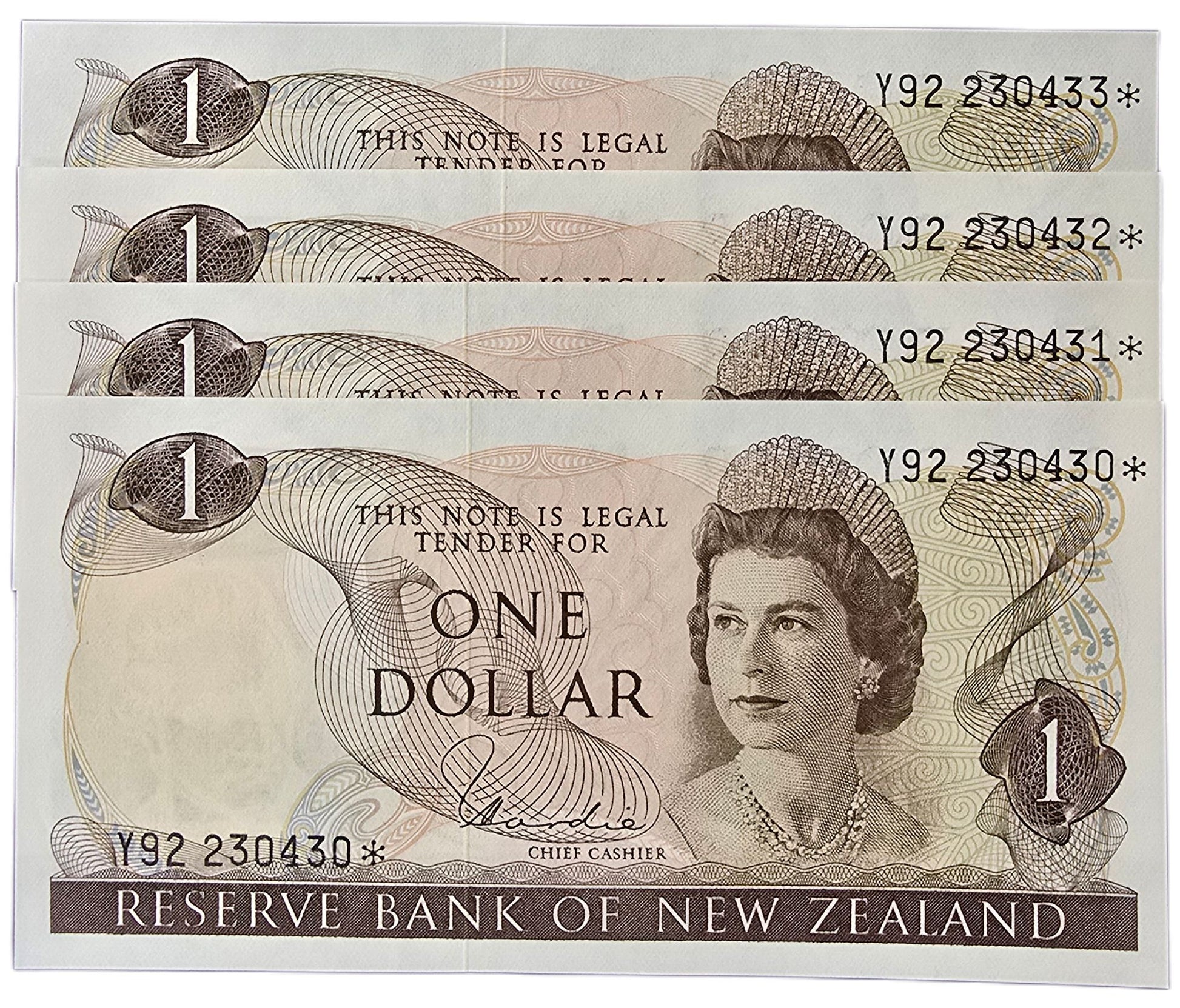 1977-1981 New Zealand One Dollar, 4 Consecutive Star Notes - Arts & Entertainment > Hobbies & Creative Arts > Collectibles > Collectible Coins & Currency > Collectible Banknotes from The Half Crown