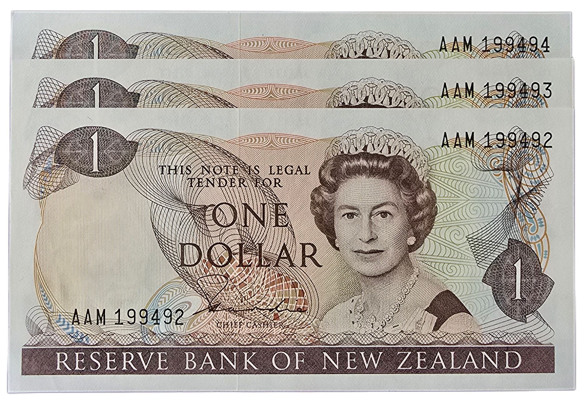 1981-1985 New Zealand One Dollar, 3 Consecutive Notes - Arts & Entertainment > Hobbies & Creative Arts > Collectibles > Collectible Coins & Currency > Collectible Banknotes from The Half Crown