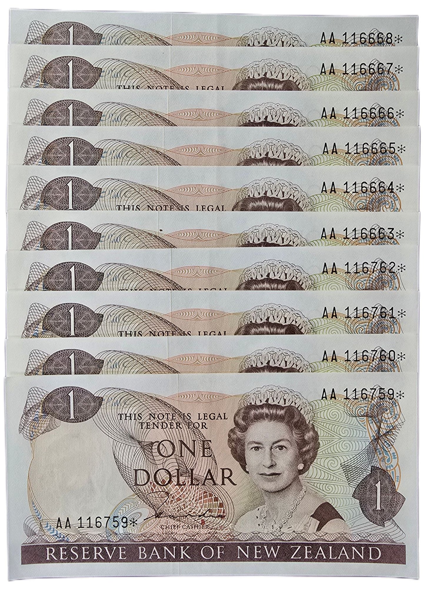 1981-1985 New Zealand One Dollar, 10 Consecutive Star Notes