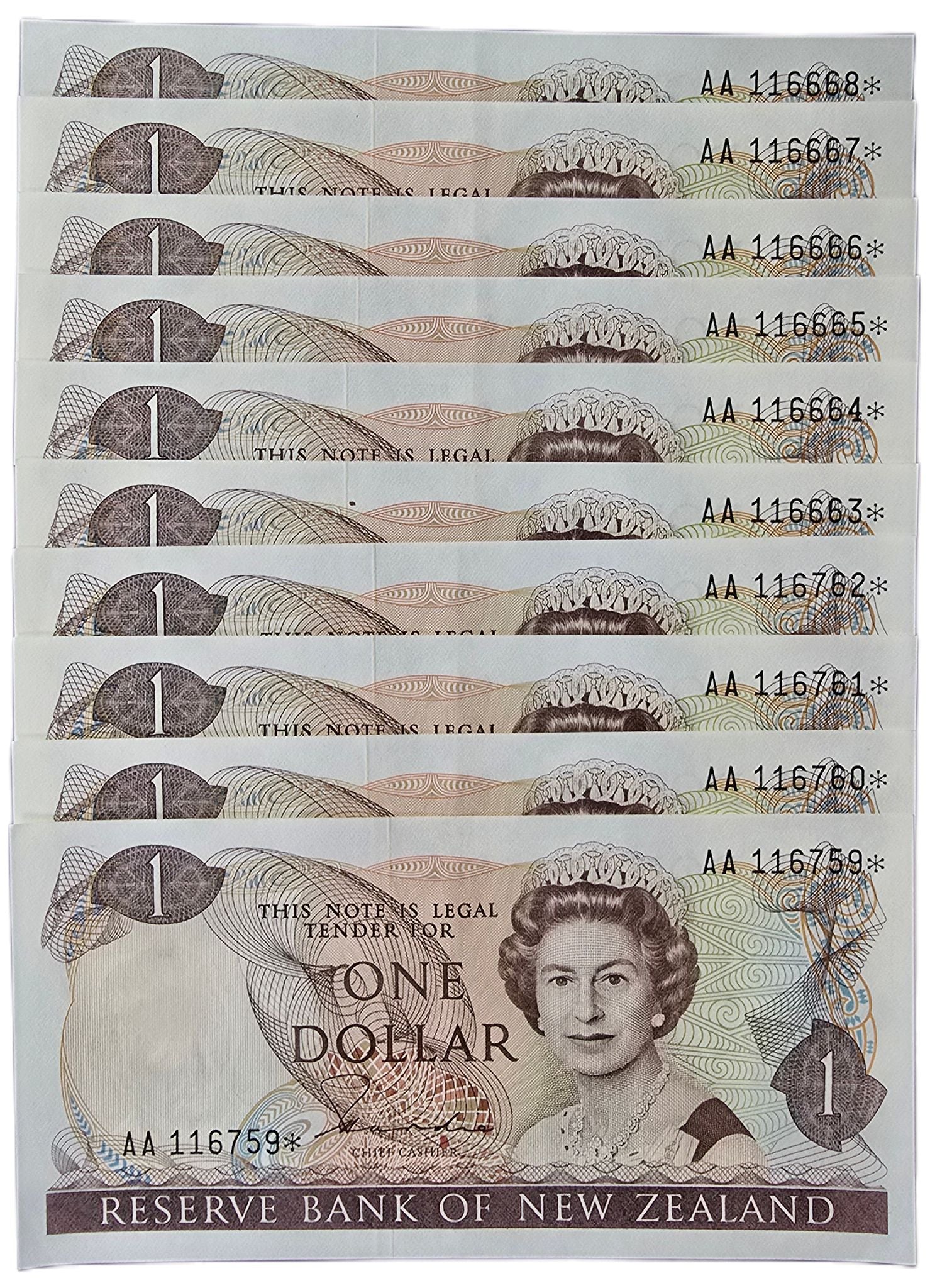 1981-1985 New Zealand One Dollar, 10 Consecutive Star Notes - Arts & Entertainment > Hobbies & Creative Arts > Collectibles > Collectible Coins & Currency > Collectible Banknotes from The Half Crown