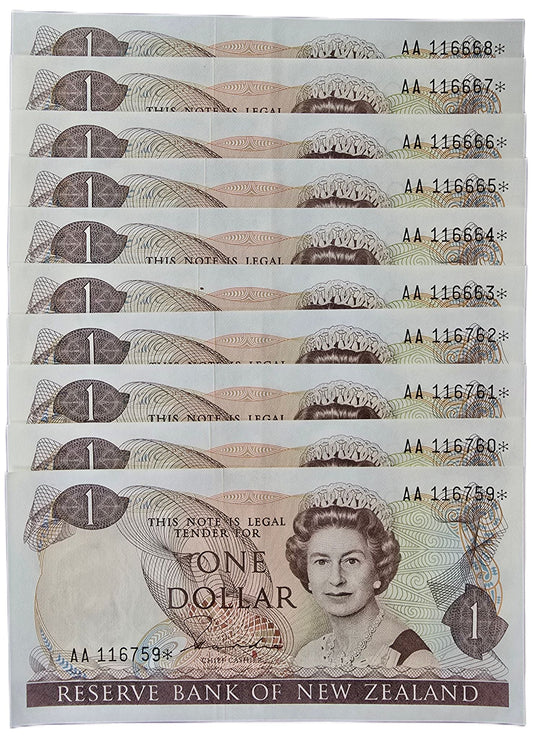 1981-1985 New Zealand One Dollar, 10 Consecutive Star Notes - Arts & Entertainment > Hobbies & Creative Arts > Collectibles > Collectible Coins & Currency > Collectible Banknotes from The Half Crown