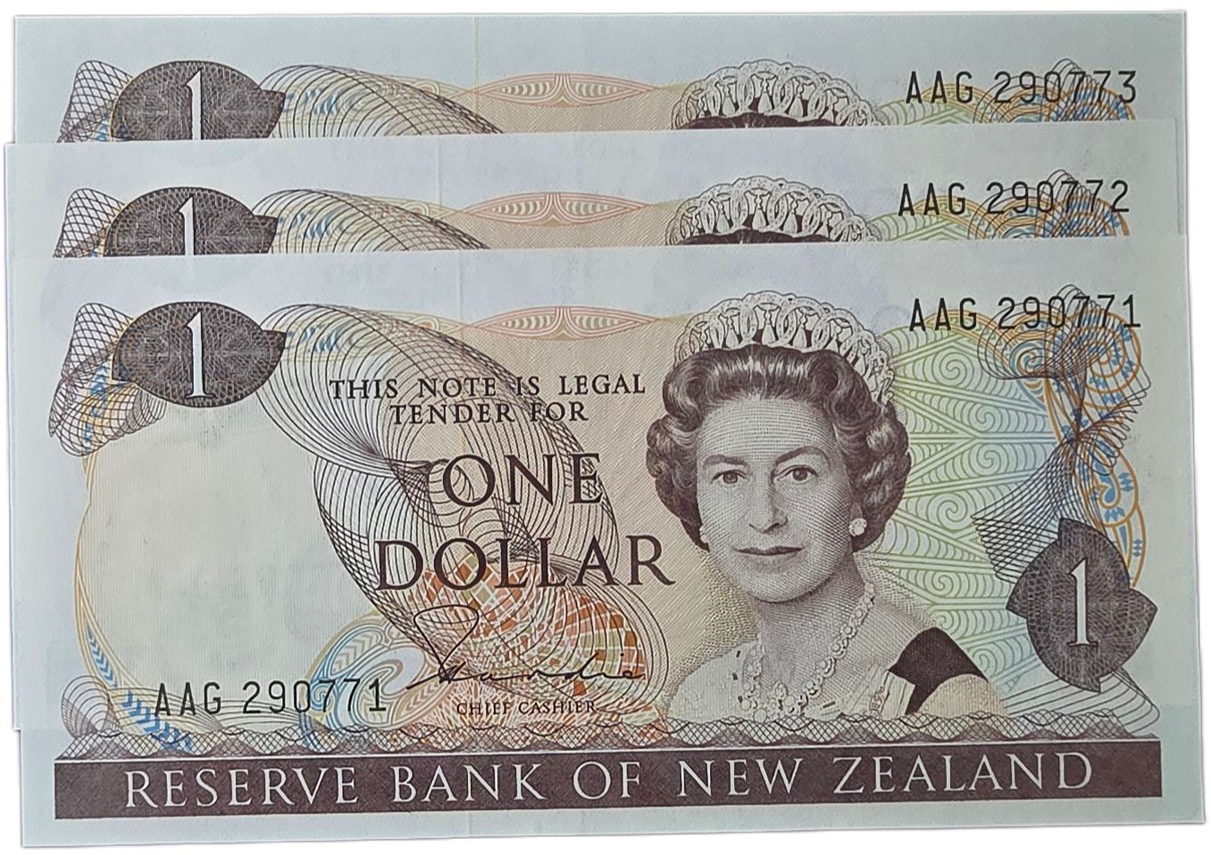 1981-1985 New Zealand One Dollar, 3 Consecutive Notes - Arts & Entertainment > Hobbies & Creative Arts > Collectibles > Collectible Coins & Currency > Collectible Banknotes from The Half Crown