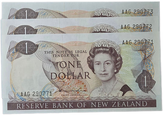 1981-1985 New Zealand One Dollar, 3 Consecutive Notes - Arts & Entertainment > Hobbies & Creative Arts > Collectibles > Collectible Coins & Currency > Collectible Banknotes from The Half Crown