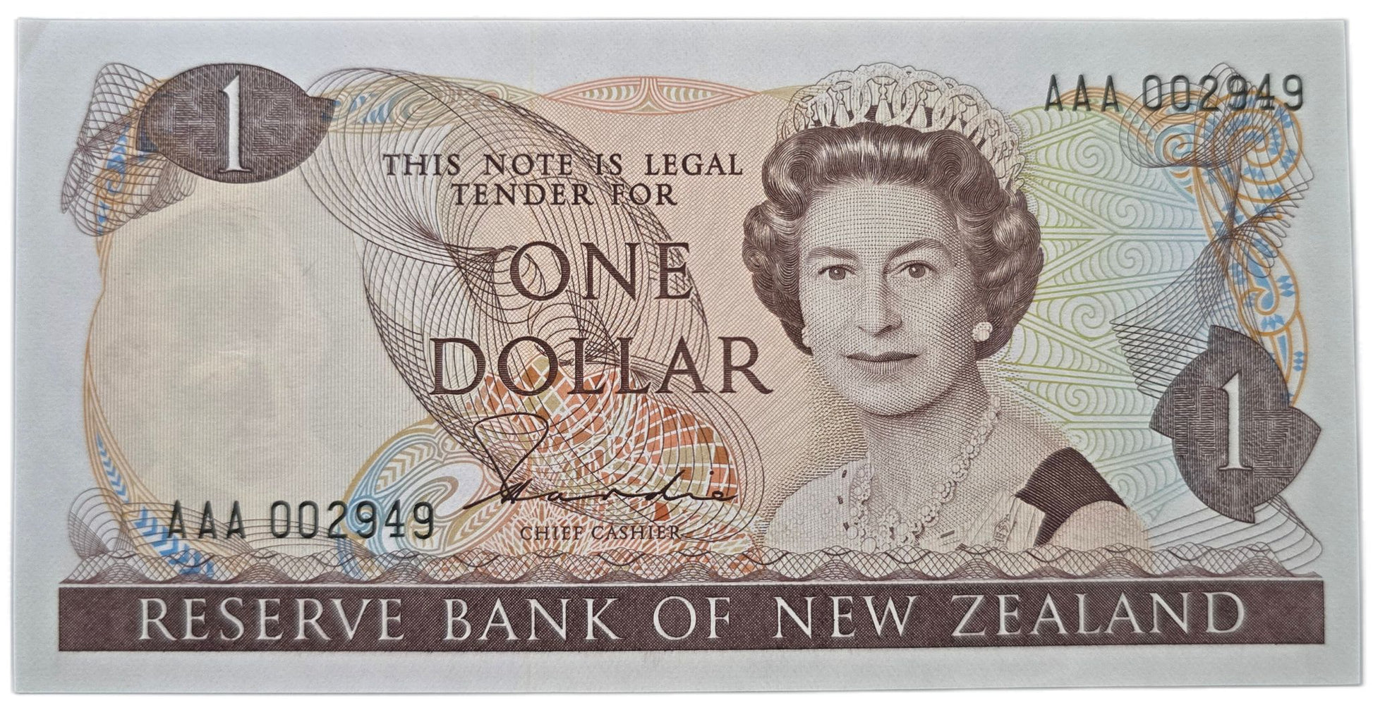 1981-1985 New Zealand One Dollar, Hardie Type II, Low Serial - Arts & Entertainment > Hobbies & Creative Arts > Collectibles > Collectible Coins & Currency > Collectible Banknotes from The Half Crown