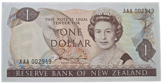 1981-1985 New Zealand One Dollar, Hardie Type II, Low Serial - Arts & Entertainment > Hobbies & Creative Arts > Collectibles > Collectible Coins & Currency > Collectible Banknotes from The Half Crown