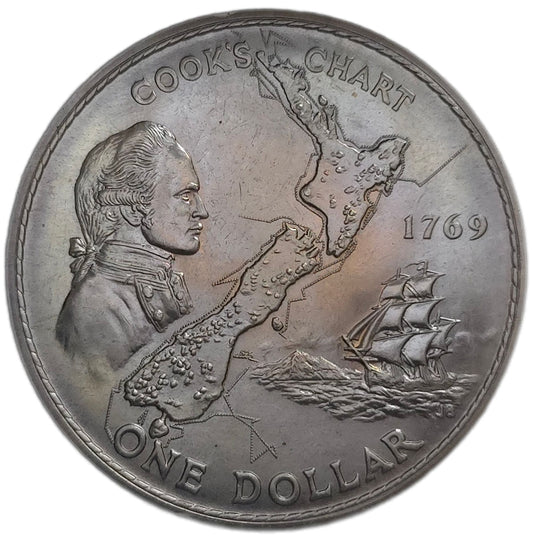 1969 New Zealand One Dollar, Cook's Voyage - Arts & Entertainment > Hobbies & Creative Arts > Collectibles > Collectible Coins & Currency > Collectible Coins > Commemorative Coins from The Half Crown