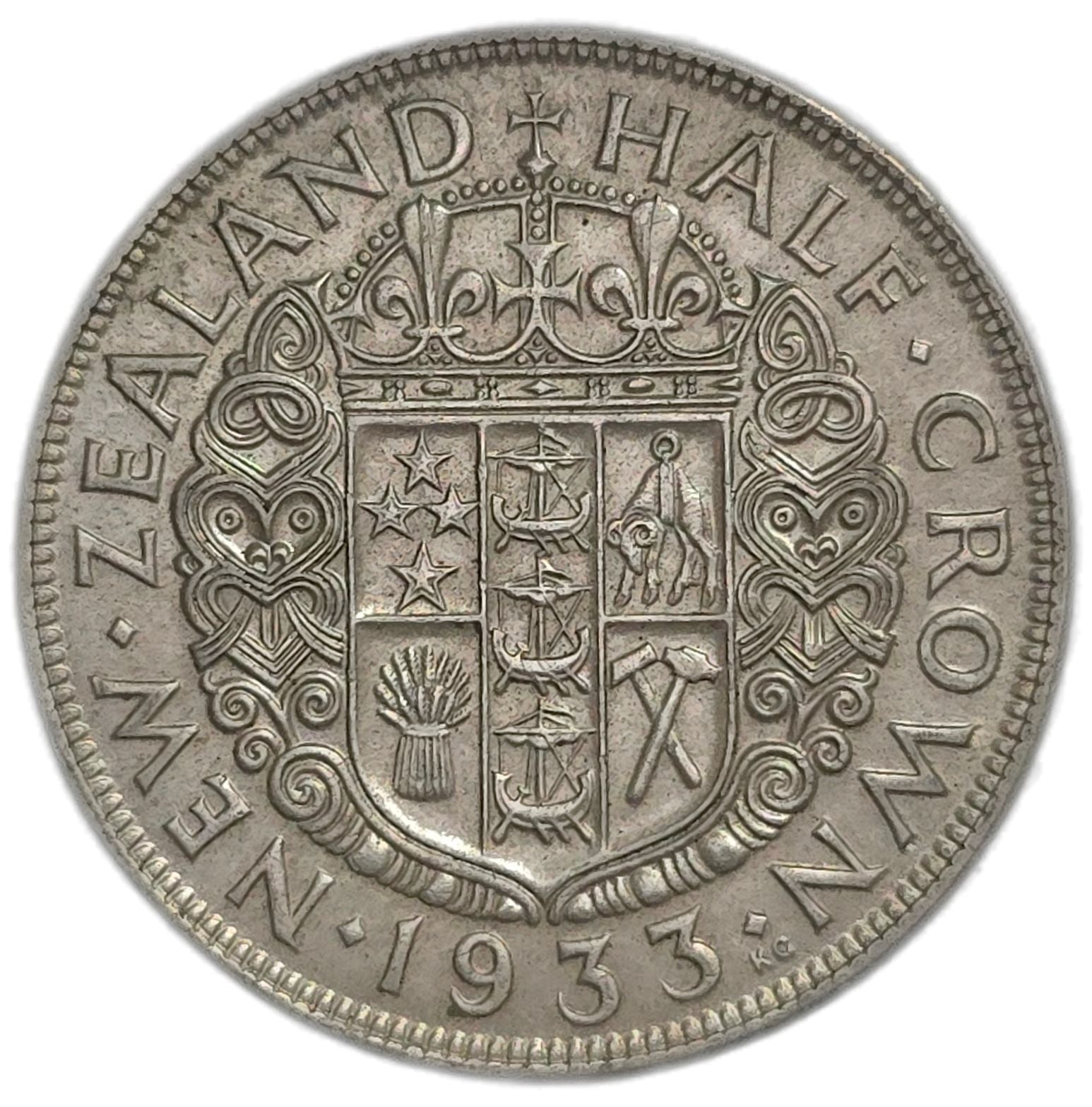1933 New Zealand Half Crown, aEF - Arts & Entertainment > Hobbies & Creative Arts > Collectibles > Collectible Coins & Currency > Collectible Coins > Rare Coins from The Half Crown