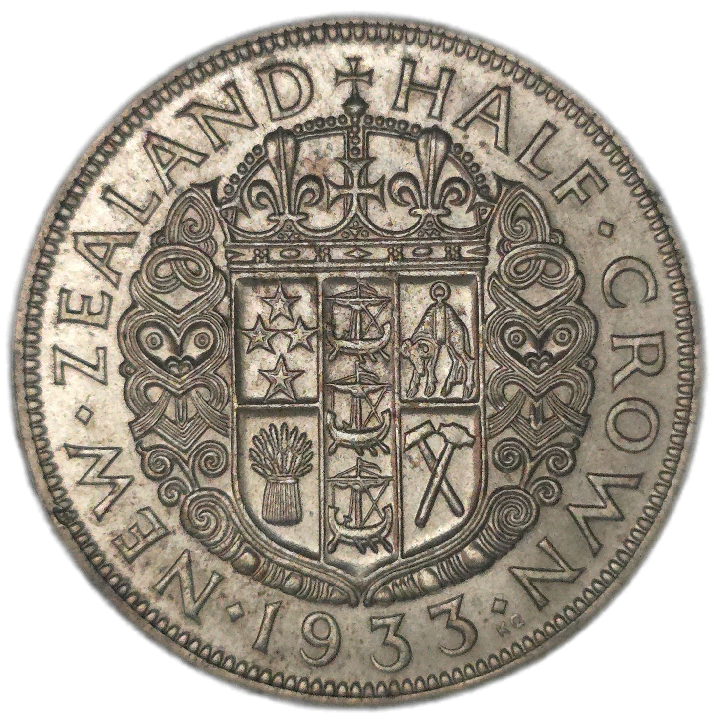 1933 New Zealand Half Crown, EF - Arts & Entertainment > Hobbies & Creative Arts > Collectibles > Collectible Coins & Currency > Collectible Coins > Rare Coins from The Half Crown