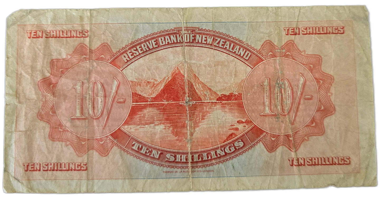 1934 New Zealand Ten Shillings Note, Lefeaux, VG