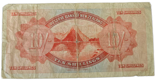 1934 New Zealand Ten Shillings Note, Lefeaux, VG