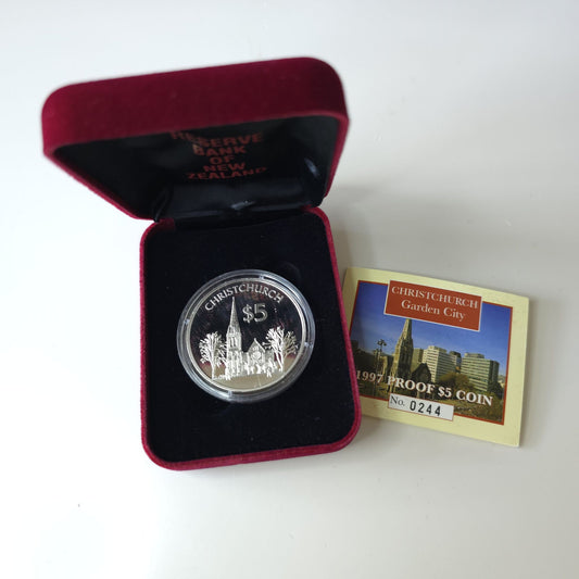 1997 Five Dollar Christchurch Proof, 92.5% Silver - Arts & Entertainment > Hobbies & Creative Arts > Collectibles > Collectible Coins & Currency > Collectible Coins > Commemorative Coins from The Half Crown
