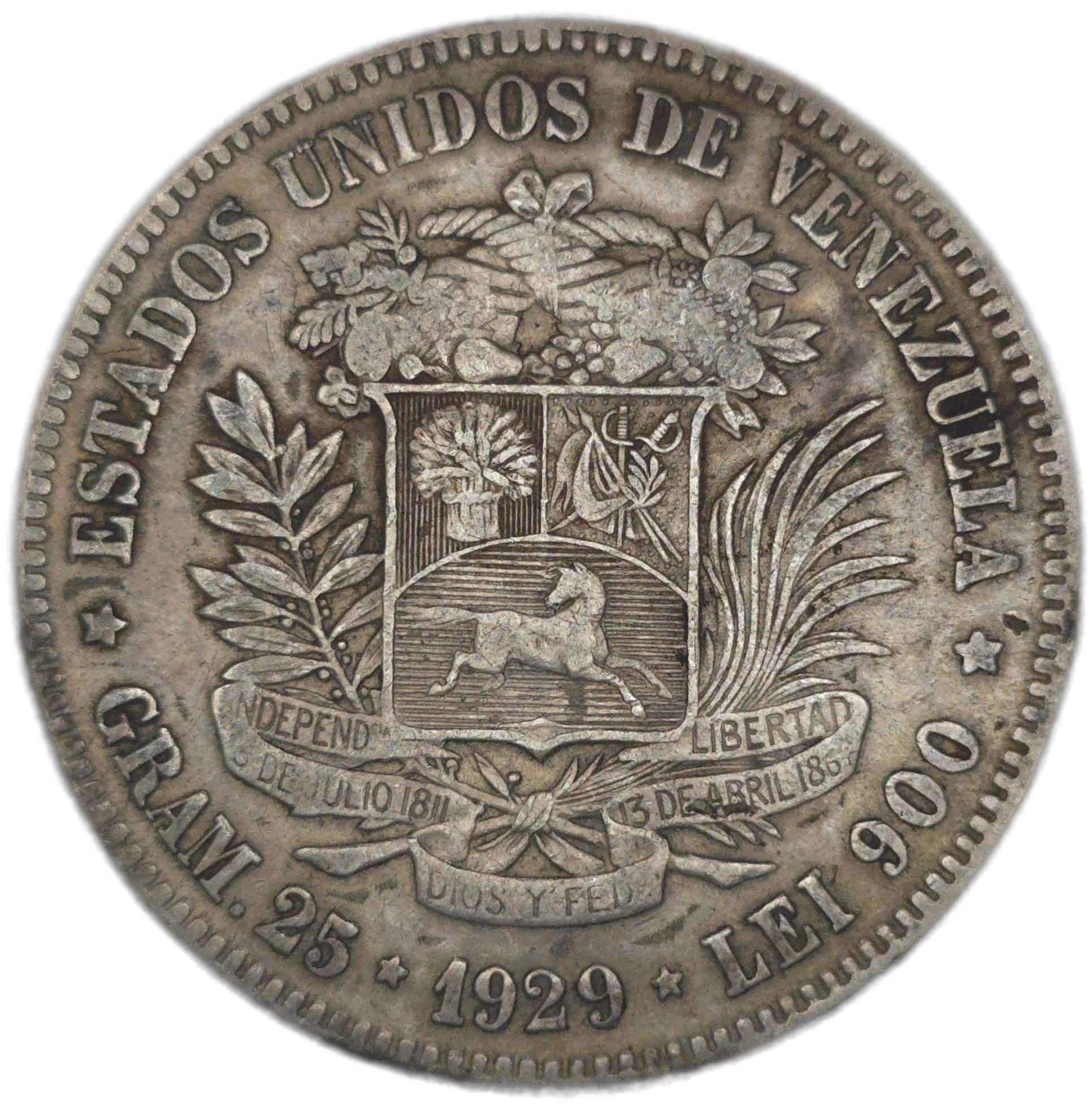 1929 Venezuela 5 Bolívares - Arts & Entertainment > Hobbies & Creative Arts > Collectibles > Collectible Coins & Currency > Collectible Coins > Rare Coins from The Half Crown