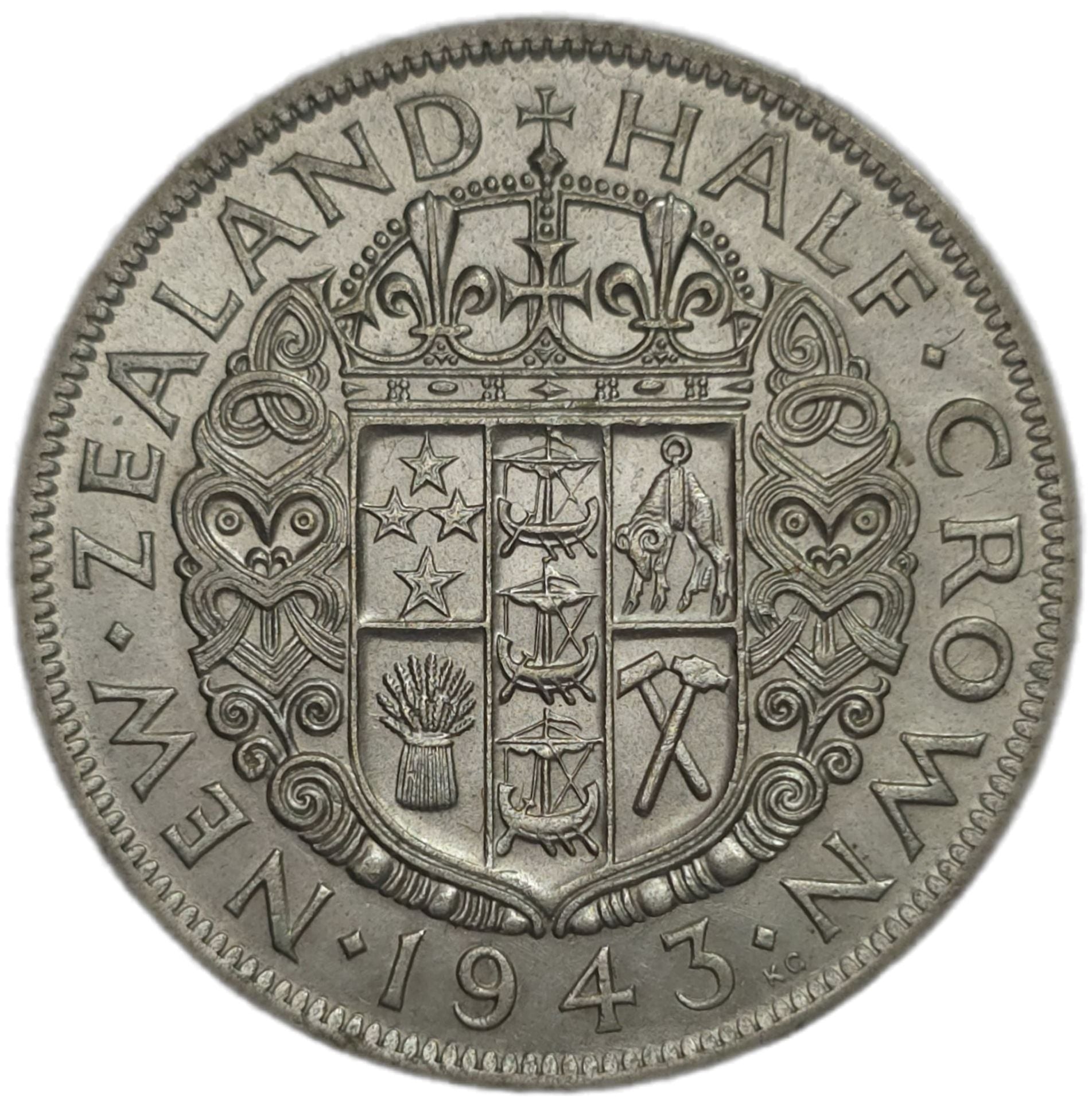 1943 New Zealand Half Crown, EF - Arts & Entertainment > Hobbies & Creative Arts > Collectibles > Collectible Coins & Currency > Collectible Coins > Rare Coins from The Half Crown