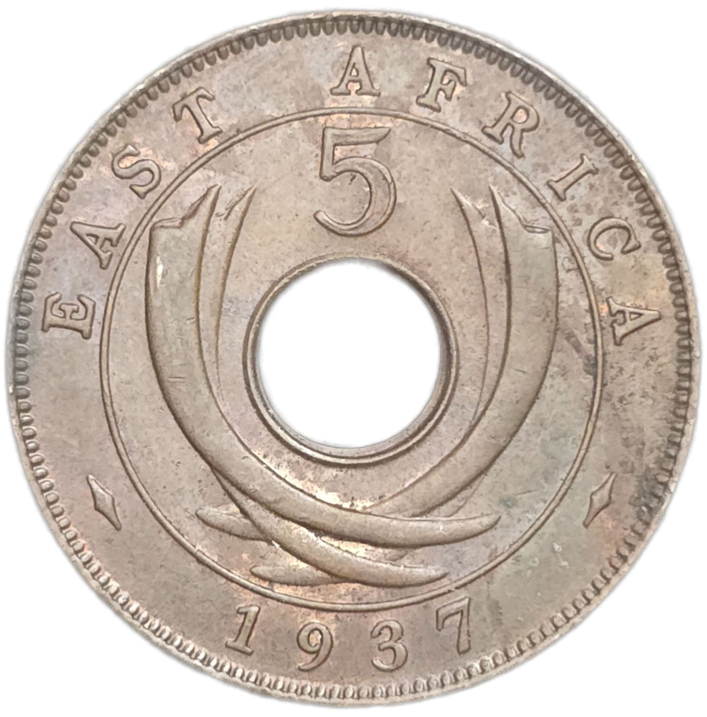 1937 British East Africa 5 Cents - Arts & Entertainment > Hobbies & Creative Arts > Collectibles > Collectible Coins & Currency > Collectible Coins > Rare Coins from The Half Crown