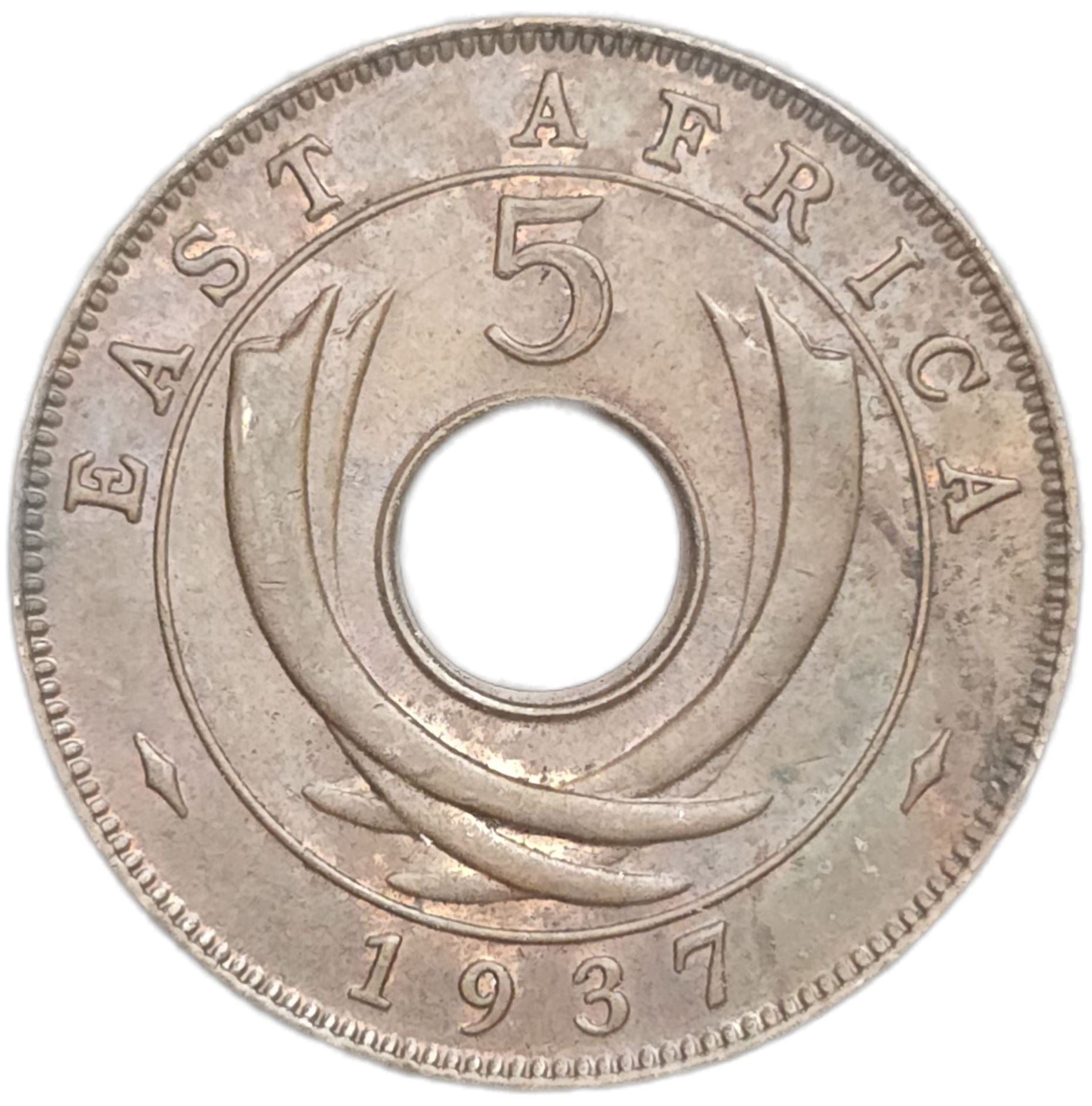 1937 British East Africa 5 Cents - Arts & Entertainment > Hobbies & Creative Arts > Collectibles > Collectible Coins & Currency > Collectible Coins > Rare Coins from The Half Crown