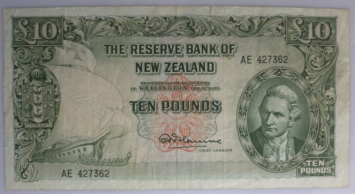 1956-1967 New Zealand Ten Pound Note, gFine - Arts & Entertainment > Hobbies & Creative Arts > Collectibles > Collectible Coins & Currency > Collectible Banknotes from The Half Crown