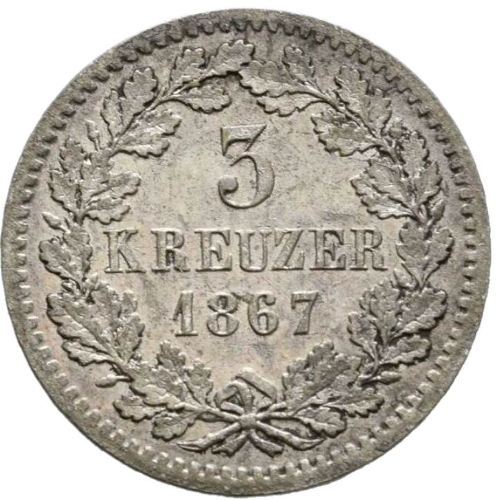 1867 German States 3 Kreuzer, Baden - Arts & Entertainment > Hobbies & Creative Arts > Collectibles > Collectible Coins & Currency > Collectible Coins > Rare Coins from The Half Crown