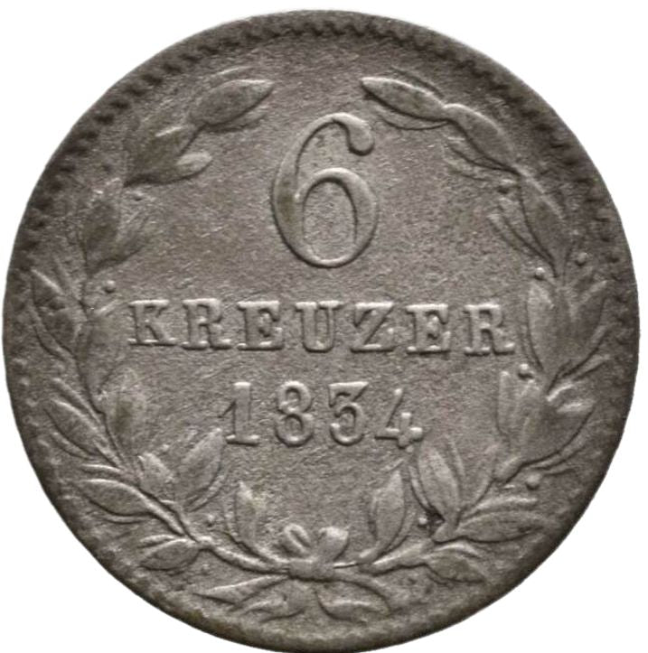 1834 German States 6 Kreuzer, Nassau - Arts & Entertainment > Hobbies & Creative Arts > Collectibles > Collectible Coins & Currency > Collectible Coins > Rare Coins from The Half Crown