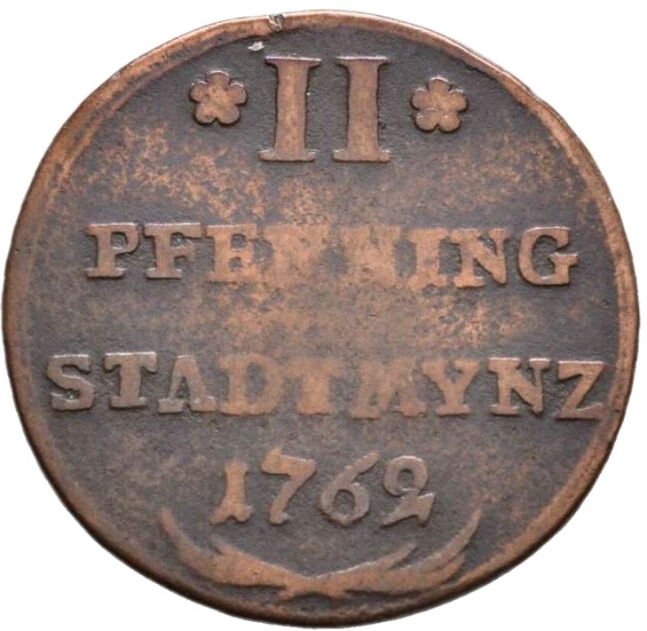 1762 German States 2 Pfenning, Augsburg Stadt - Arts & Entertainment > Hobbies & Creative Arts > Collectibles > Collectible Coins & Currency > Collectible Coins > Rare Coins from The Half Crown