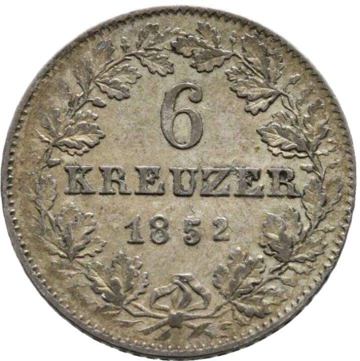 1852 German States 6 Kreuzer, Frankfurt - Arts & Entertainment > Hobbies & Creative Arts > Collectibles > Collectible Coins & Currency > Collectible Coins > Rare Coins from The Half Crown