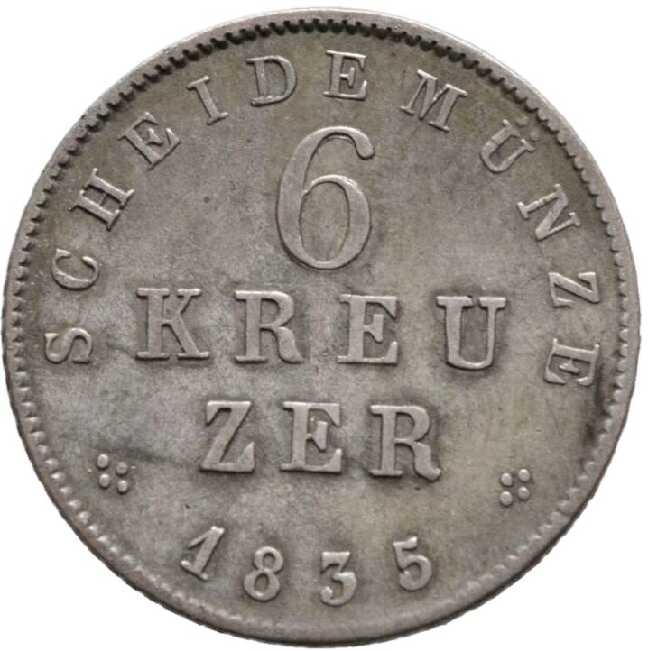1835 German States 6 Kreuzer, Hesse-Darmstadt - Arts & Entertainment > Hobbies & Creative Arts > Collectibles > Collectible Coins & Currency > Collectible Coins > Rare Coins from The Half Crown