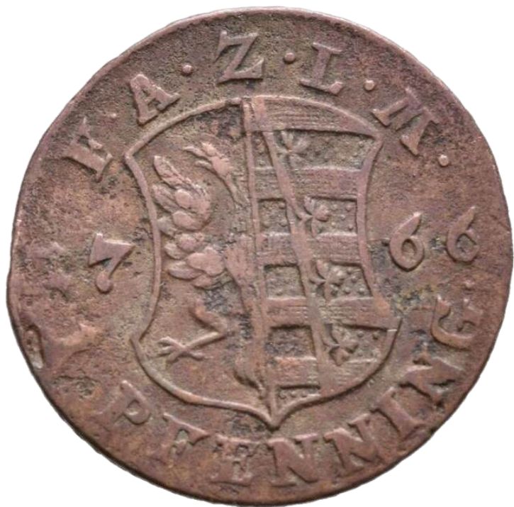 1766 German States 1 Pfenning, Anhalt-Zerbst - Arts & Entertainment > Hobbies & Creative Arts > Collectibles > Collectible Coins & Currency > Collectible Coins > Rare Coins from The Half Crown