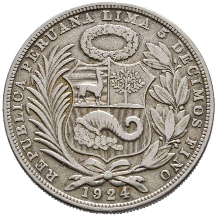 1924 Peru 1 Sol, gFine - Arts & Entertainment > Hobbies & Creative Arts > Collectibles > Collectible Coins & Currency > Collectible Coins > Rare Coins from The Half Crown