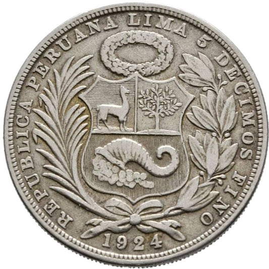 1924 Peru 1 Sol, gFine - Arts & Entertainment > Hobbies & Creative Arts > Collectibles > Collectible Coins & Currency > Collectible Coins > Rare Coins from The Half Crown
