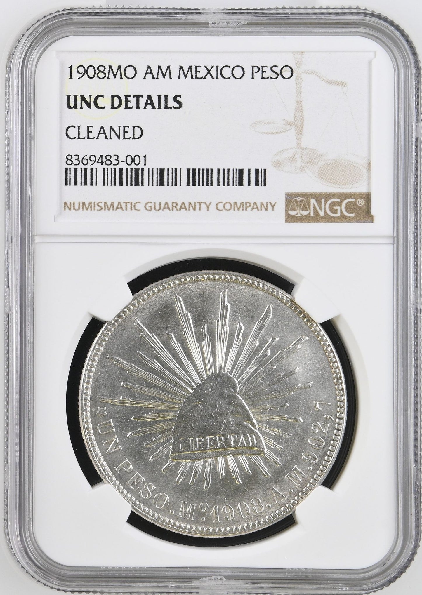 1908 Mexico 1 Peso NGC Graded