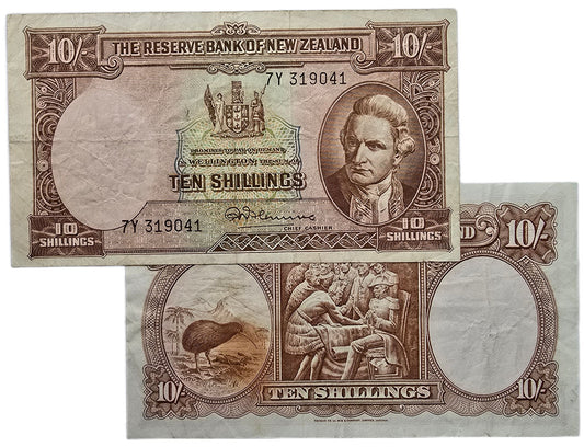 1956-1967 New Zealand Ten Shilling Note, VF  [one note, random prefix]