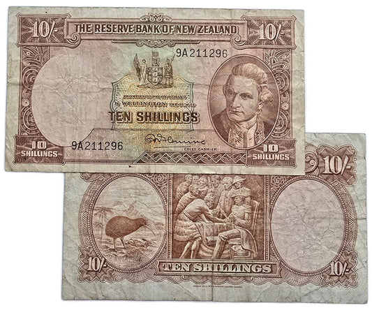 1956-1967 New Zealand Ten Shilling Note, Fine Grade  [one note, random prefix]