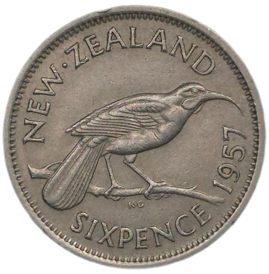1957 New Zealand Sixpence, No Shoulder Strap