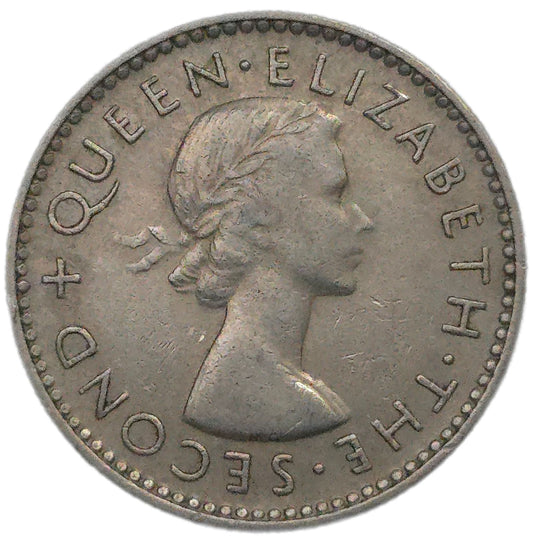 1957 New Zealand Sixpence, No Shoulder Strap