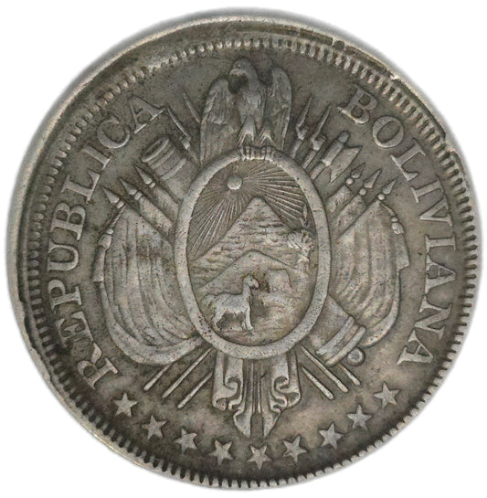 1893 Bolivia 50 Centavos, EF, off centre strike, die cracks