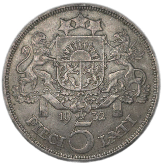 1932 Lavia 5 Lati, EF - Arts & Entertainment > Hobbies & Creative Arts > Collectibles > Collectible Coins & Currency > Collectible Coins > Rare Coins from The Half Crown