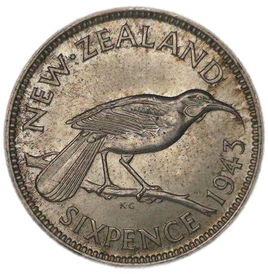 1943 New Zealand Sixpence, aUNC