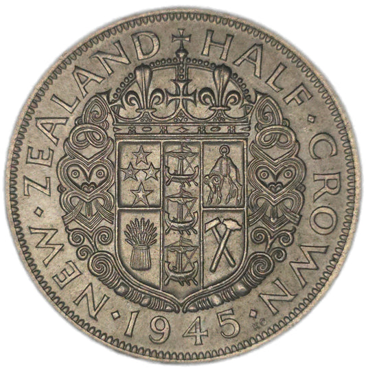 1945 New Zealand Half Crown, EF - Arts & Entertainment > Hobbies & Creative Arts > Collectibles > Collectible Coins & Currency > Collectible Coins > Rare Coins from The Half Crown