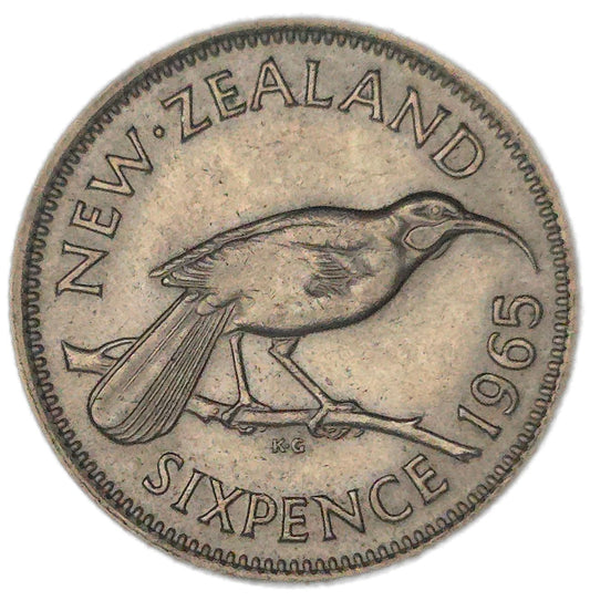 1965 New Zealand Sixpence, Broken Wing, EF
