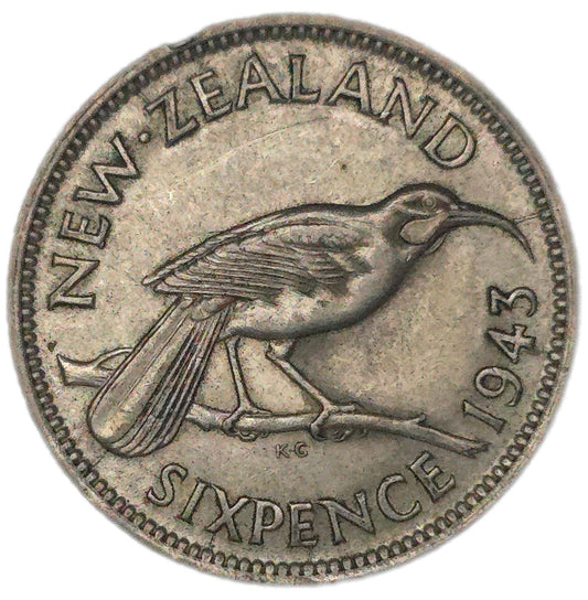 1943 New Zealand Sixpence, die crack errors, VF
