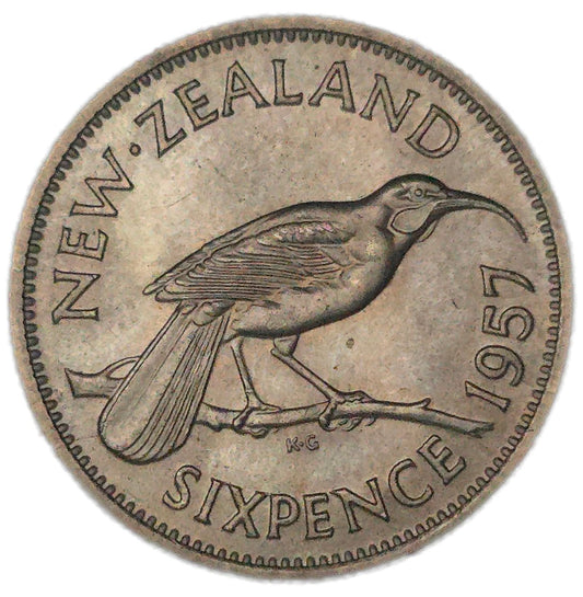 1957 New Zealand Sixpence, aUNC