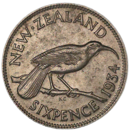 1934 New Zealand Sixpence, gVF - Arts & Entertainment > Hobbies & Creative Arts > Collectibles > Collectible Coins & Currency > Collectible Coins > Rare Coins from The Half Crown