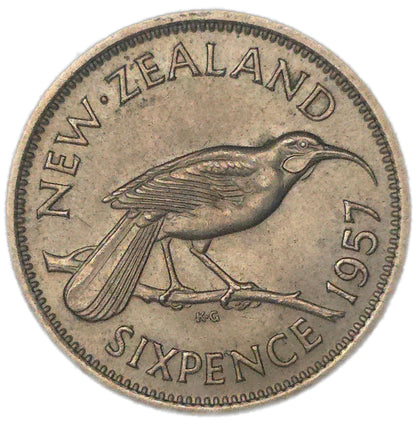 1957 New Zealand Sixpence, No Shoulder Strap, gVF - Arts & Entertainment > Hobbies & Creative Arts > Collectibles > Collectible Coins & Currency > Collectible Coins > Rare Coins from The Half Crown
