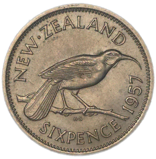 1957 New Zealand Sixpence, No Shoulder Strap, gVF
