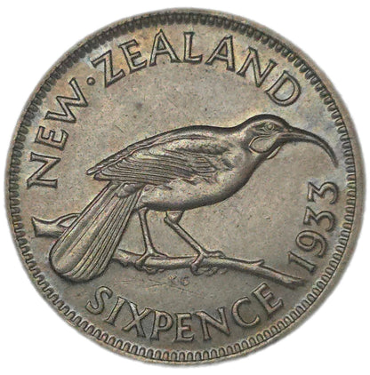 1933 New Zealand Sixpence, gEF - Arts & Entertainment > Hobbies & Creative Arts > Collectibles > Collectible Coins & Currency > Collectible Coins > Rare Coins from The Half Crown