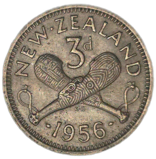 1956 New Zealand Threepence, No Shoulder Strap, VF