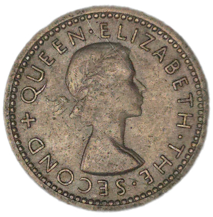 1956 New Zealand Threepence, No Shoulder Strap, VF