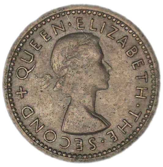 1956 New Zealand Threepence, No Shoulder Strap, VF
